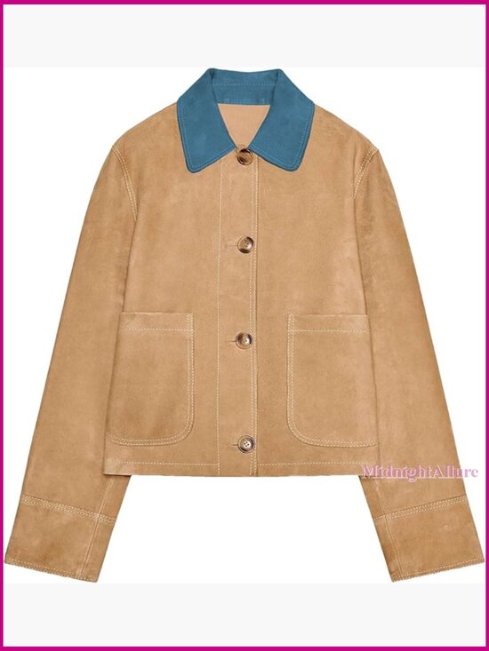 Jackets & Blazers - Faux Suede Vintage Button Down Shacket with Contrast Lapel Collar and Pockets